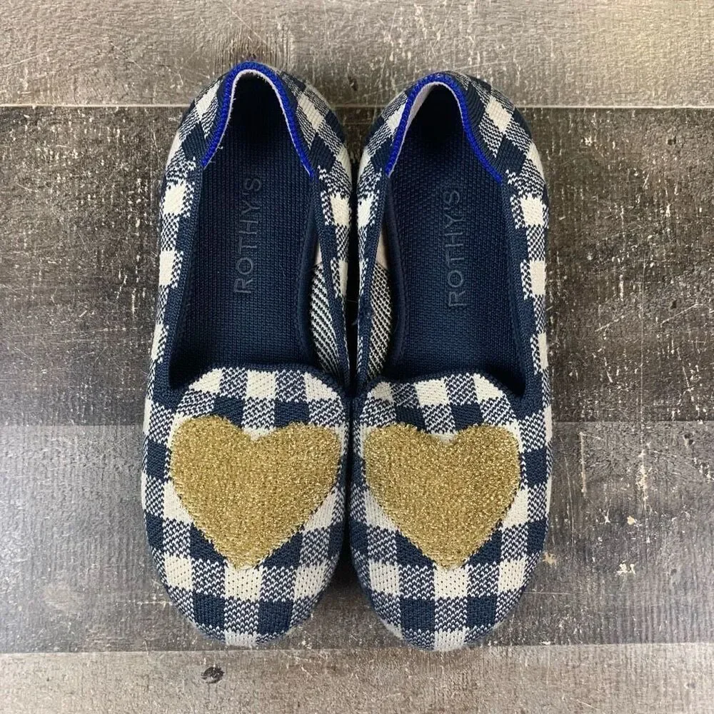 Rothy’s Big Girls Size 3 Gingham Loafers Gold Glitter Heart Plaid Ballet Flats